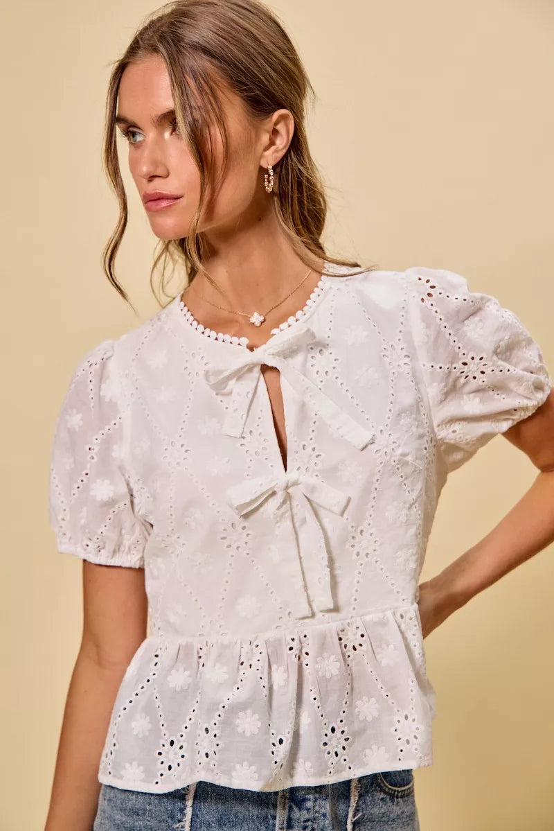 Cotton Eyelet Front Tie Short Sleeves Blouse