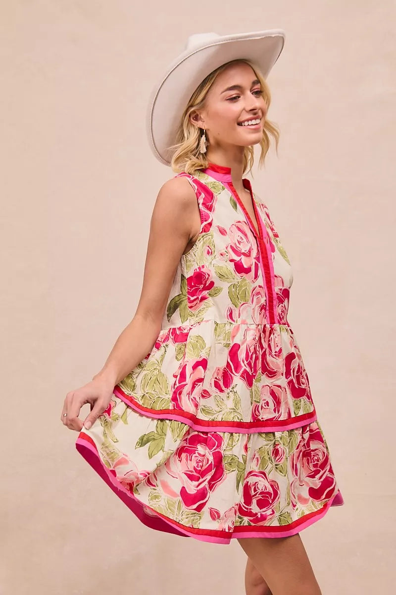 Floral Woven Contrast Edge Tiered Ruffle Mini Dress