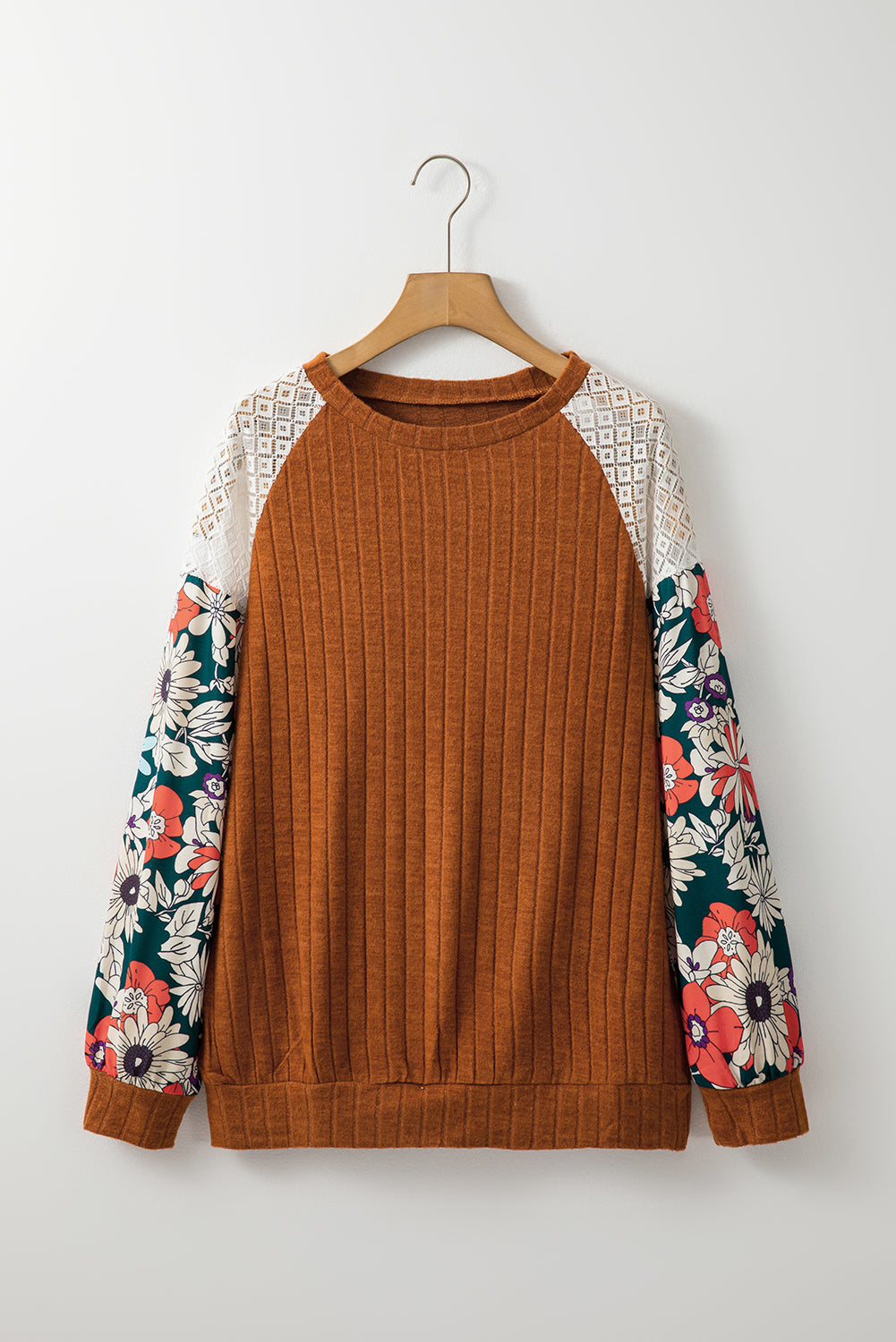 Parchment Floral Patchwork Raglan Sleeve Ribbed Blouse