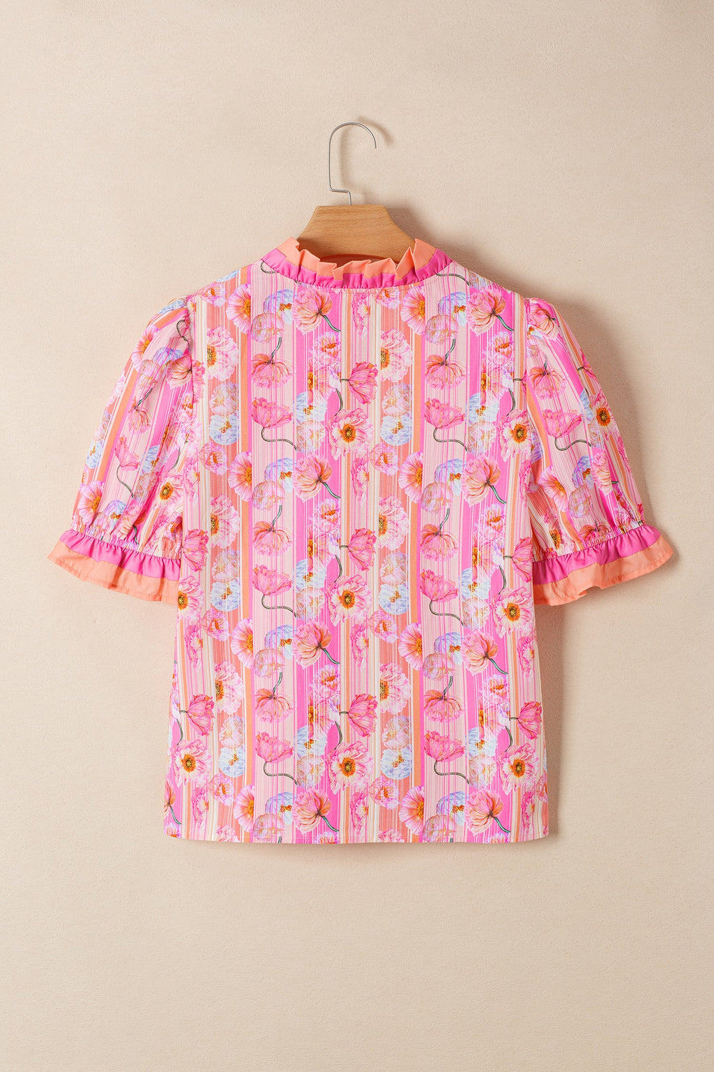 Pink Poppy Flower Striped Print Color Block Trim V Neck Short Sleeve Blouse