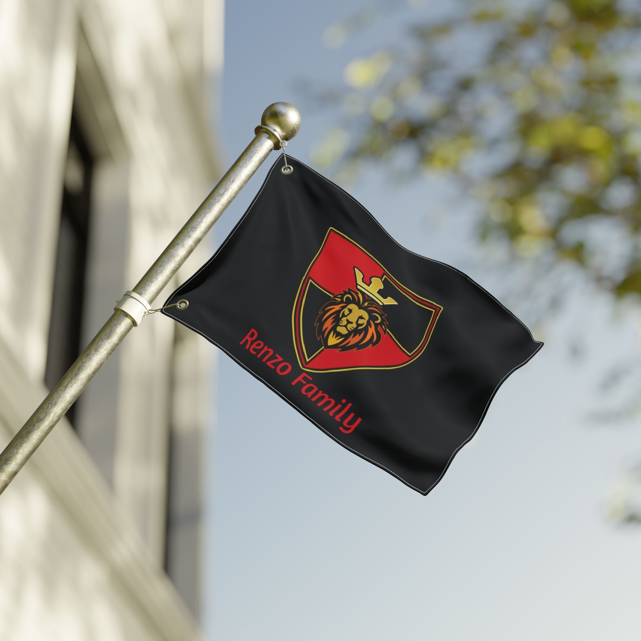 Renzo Family Flag — Double-Sided Black  Lion Crest Banner