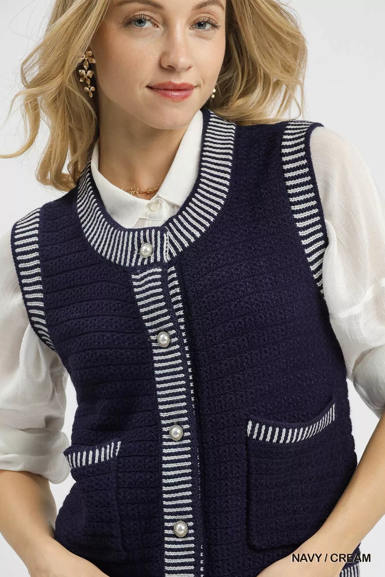 Contrast Striped Trim Button-Down Sweater Vest