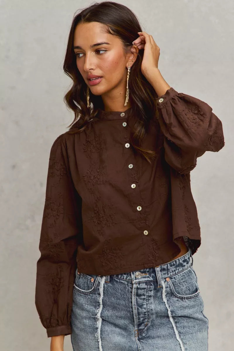 3d Floral Woven Long Sleeve Front Button Shirt