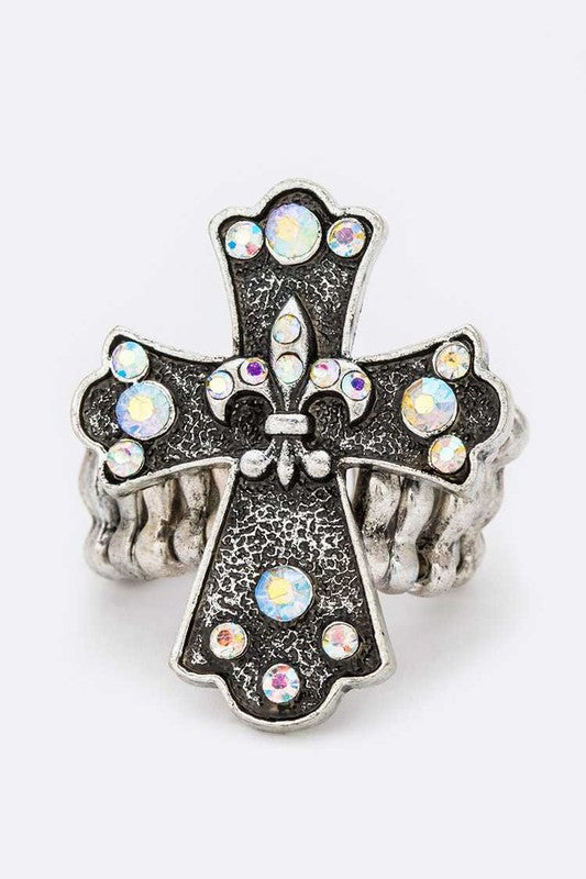 Stretch Ring with Crystal Cross and Fleur De Lis – Stylish Statement Jewelry