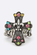 Stretch Ring with Crystal Cross and Fleur De Lis – Stylish Statement Jewelry