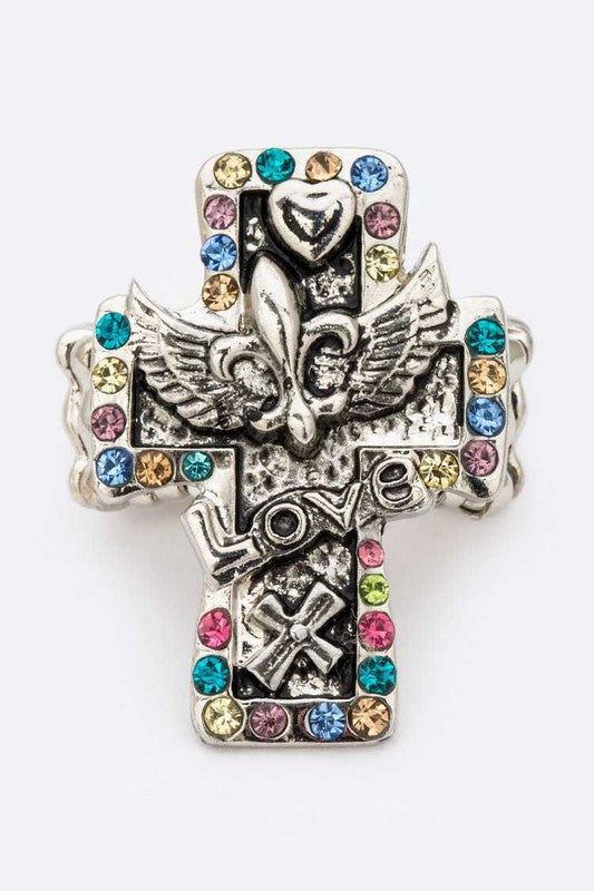 Stretch Ring with LOVE Cross and Fleur De Lis Stylish Fashion Jewelry Accessory