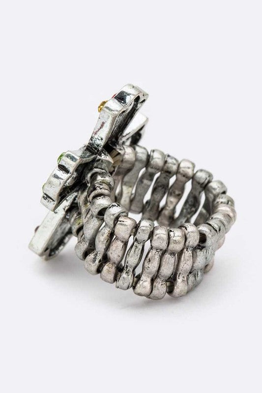 Stretch Ring with LOVE Cross and Fleur De Lis Stylish Fashion Jewelry Accessory