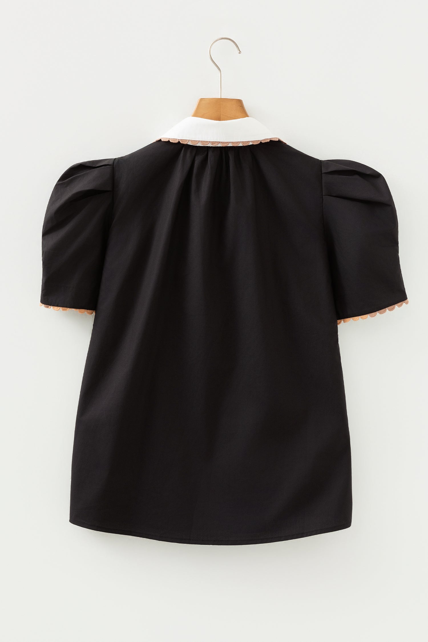 Black Ricrac Trim Color Block Patchwork Shirt Collar Short Sleeve Blouse