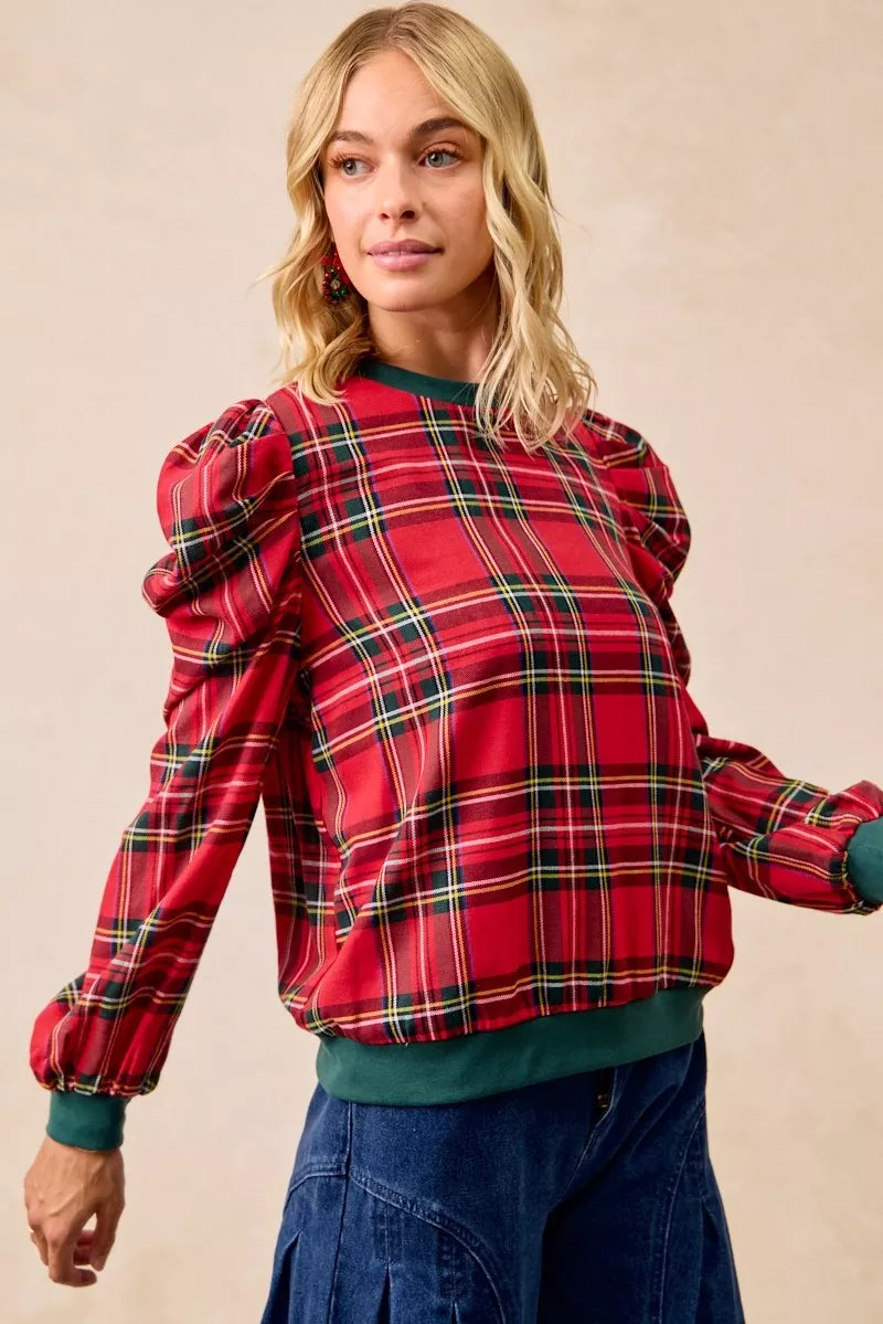 Christmas Plaid Exaggerated Shoulder Sleeves Top