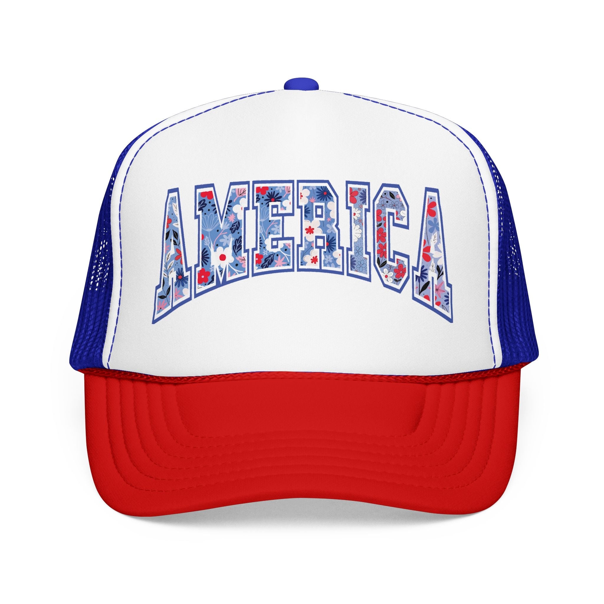 America Floral Trucker Hat | Patriotic USA Foam Mesh Cap | One Size