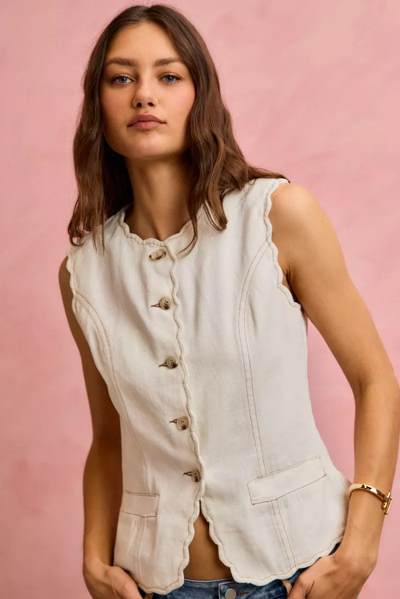 Scalloped Edge Cotton Twill Washed Vest Top