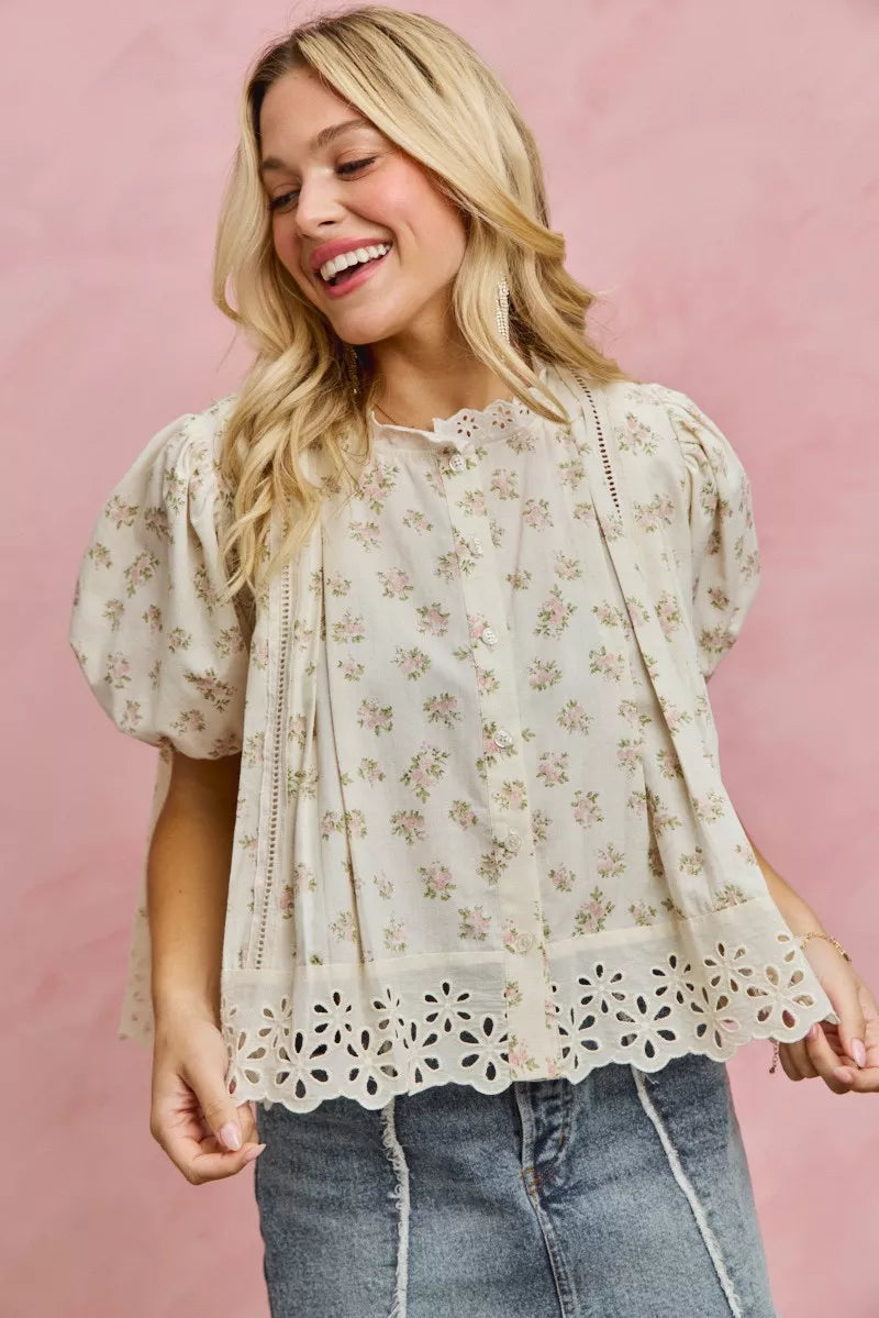 Floral Print Lace Trim Short Sleeves Blouse
