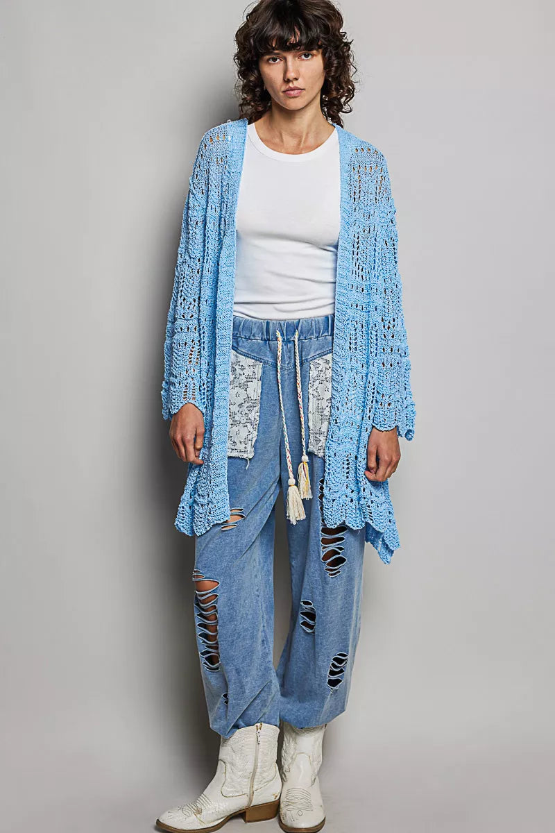 Openwork Lightweight Open Front Cardigan with Scalloped Edge