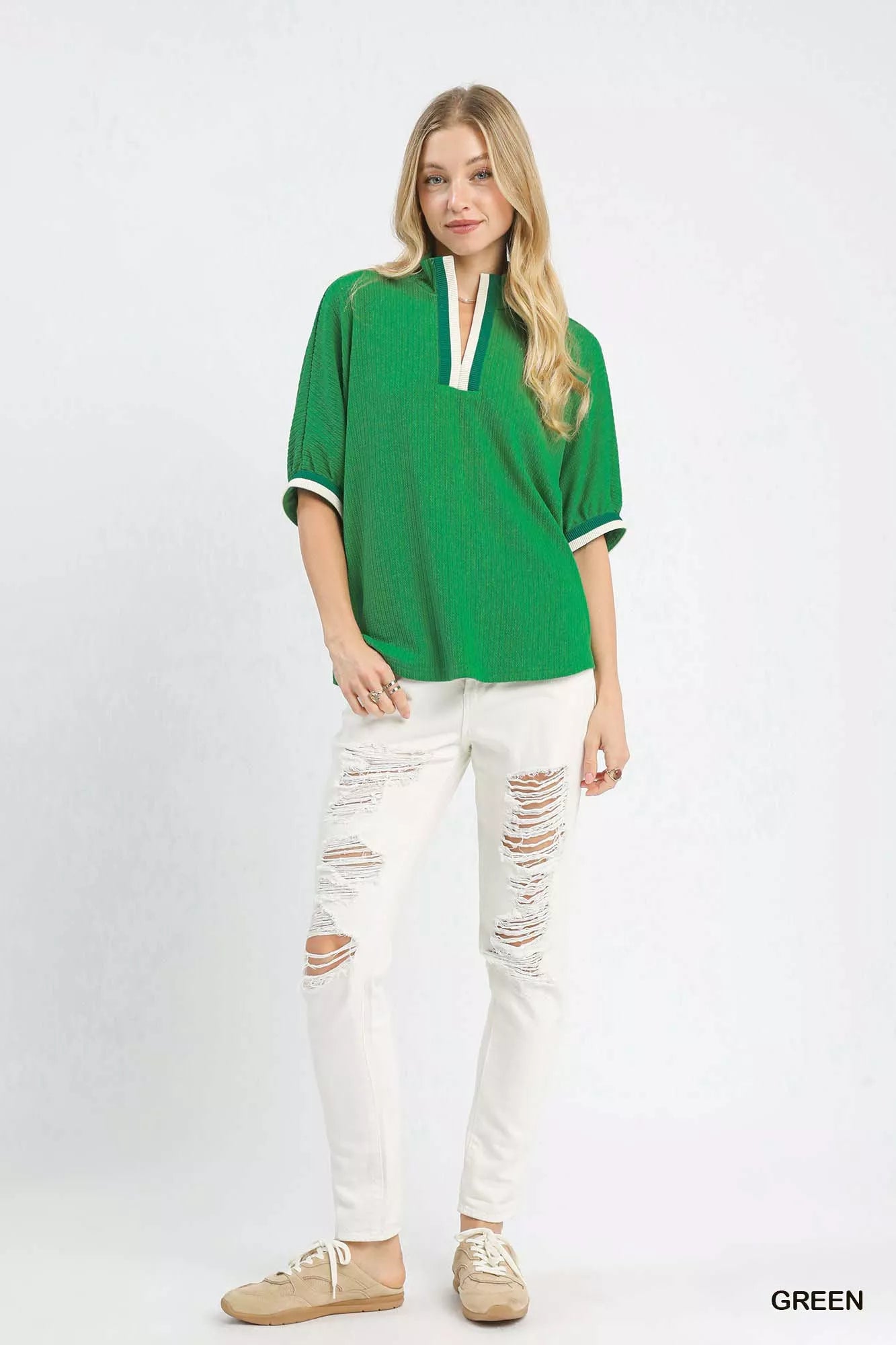 Textured Knit Top with Striped Contrast Trim