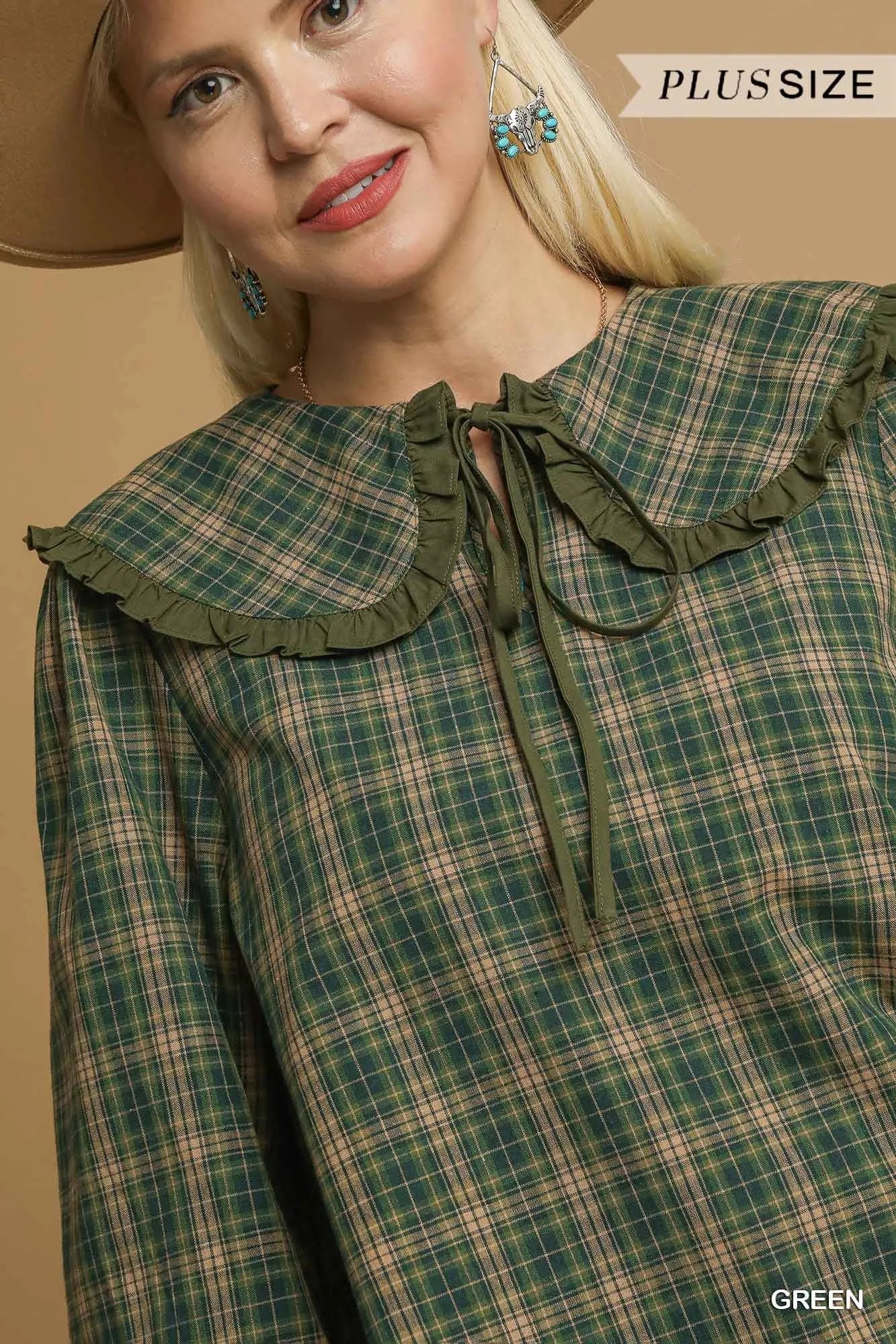 Full Size Plaid Ruffle Collar Blouse Plus Size