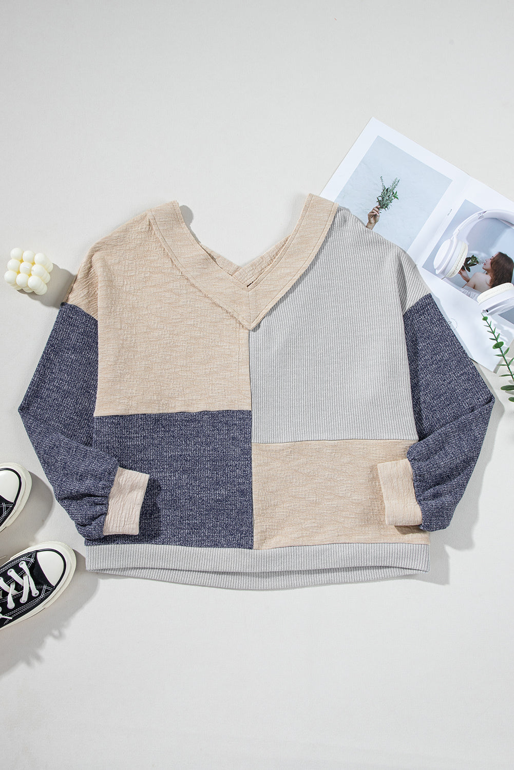 Plus Size Textured Colorblock Patchwork V Neck Top