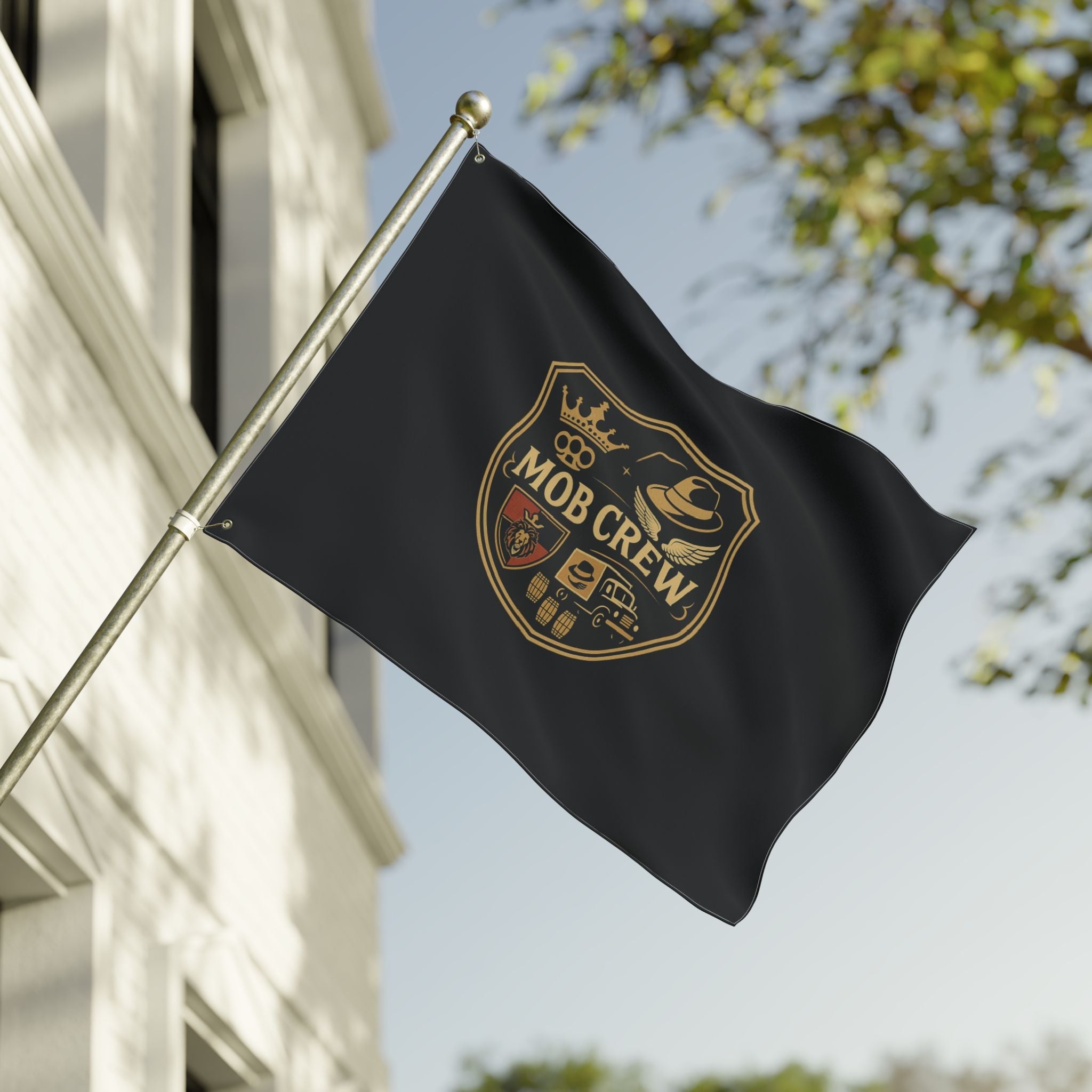 Mob Crew 4 Family Shield Flag – Vintage Mafia Emblem Double-Sided Outdoor Banner