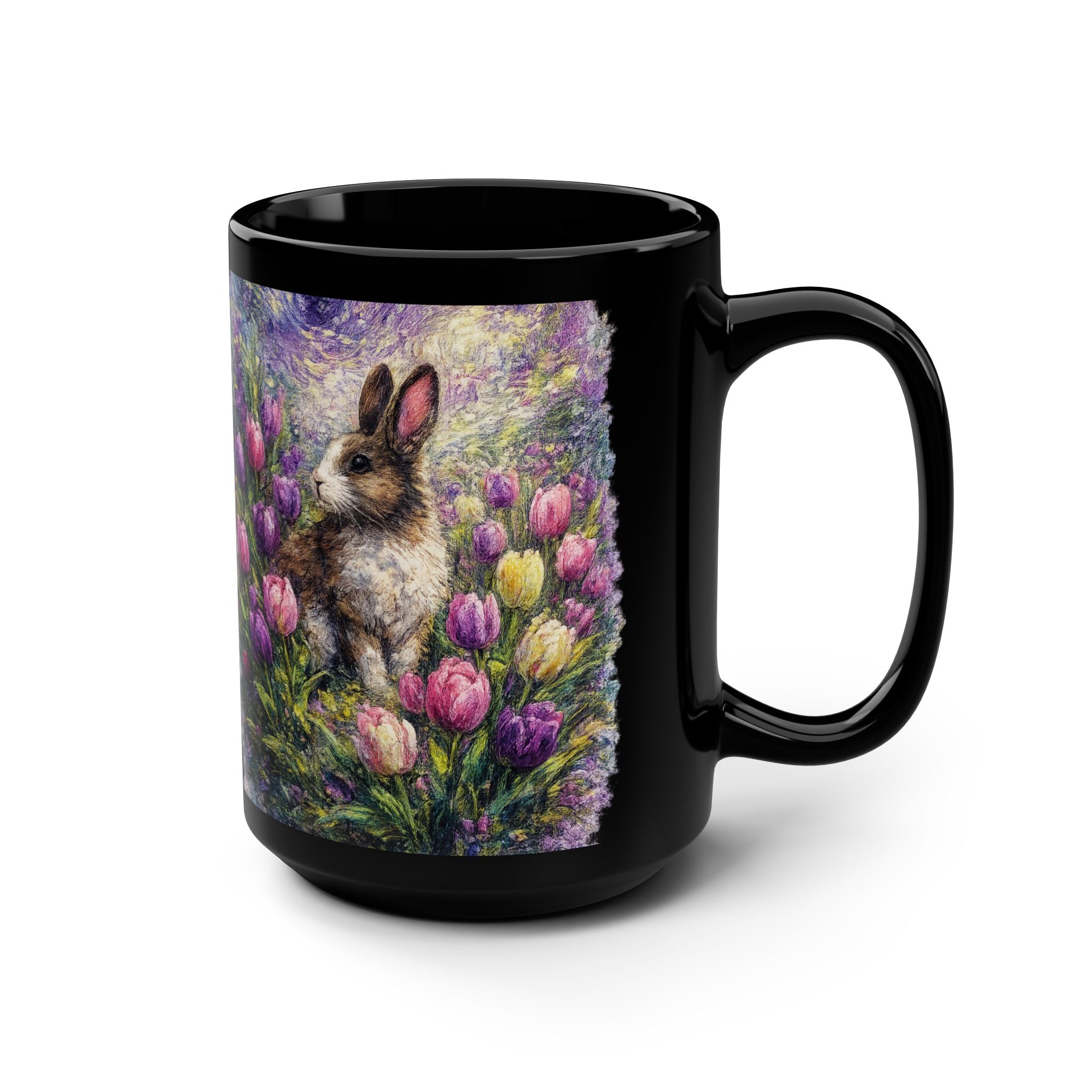 Floral Bunny Illustration Mug | Black Ceramic 15oz