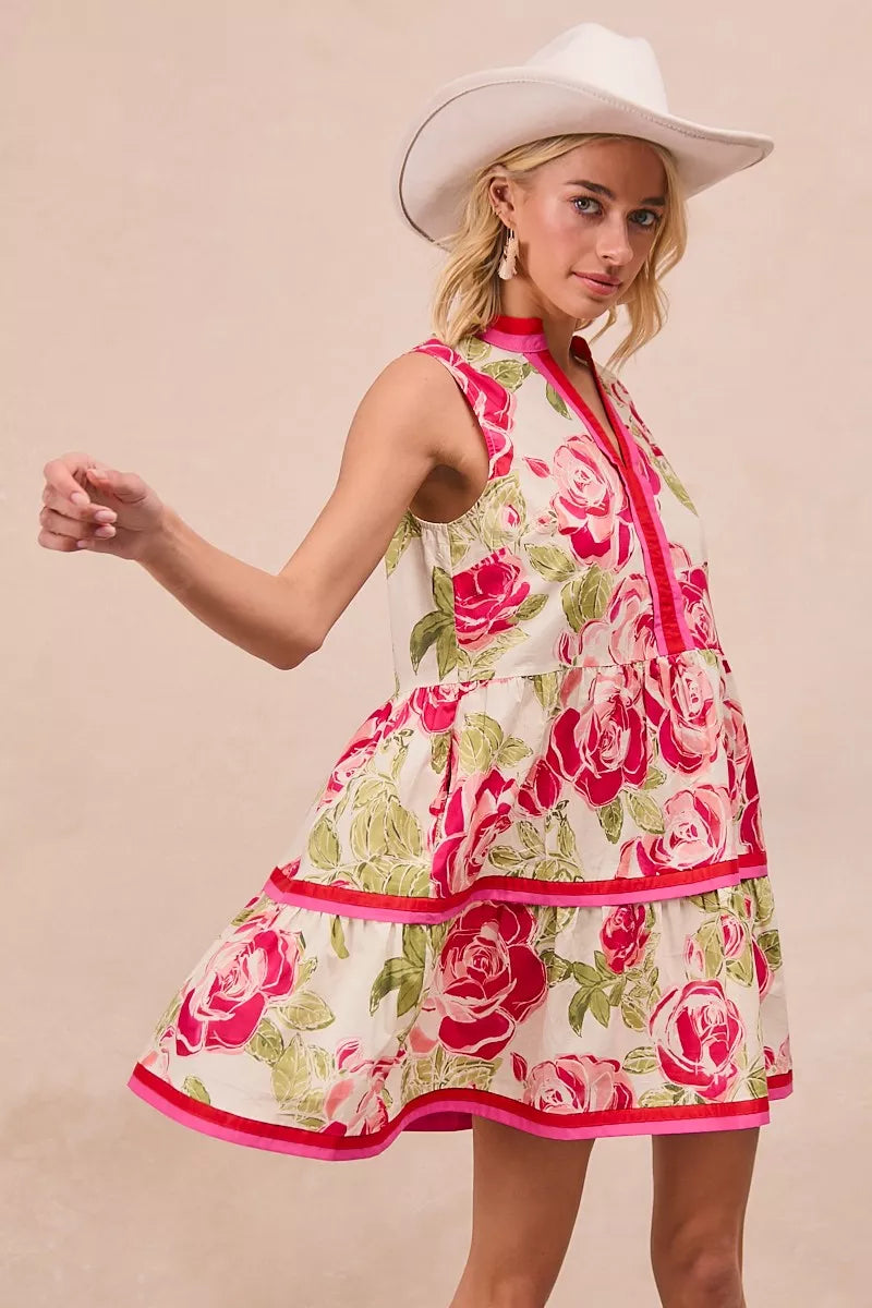 Floral Woven Contrast Edge Tiered Ruffle Mini Dress