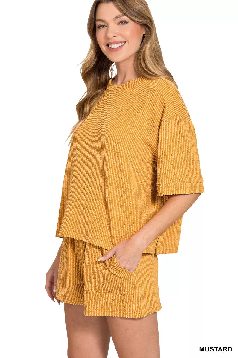 Raised Rib Short Sleeve Tee and Drawstring Shorts Set