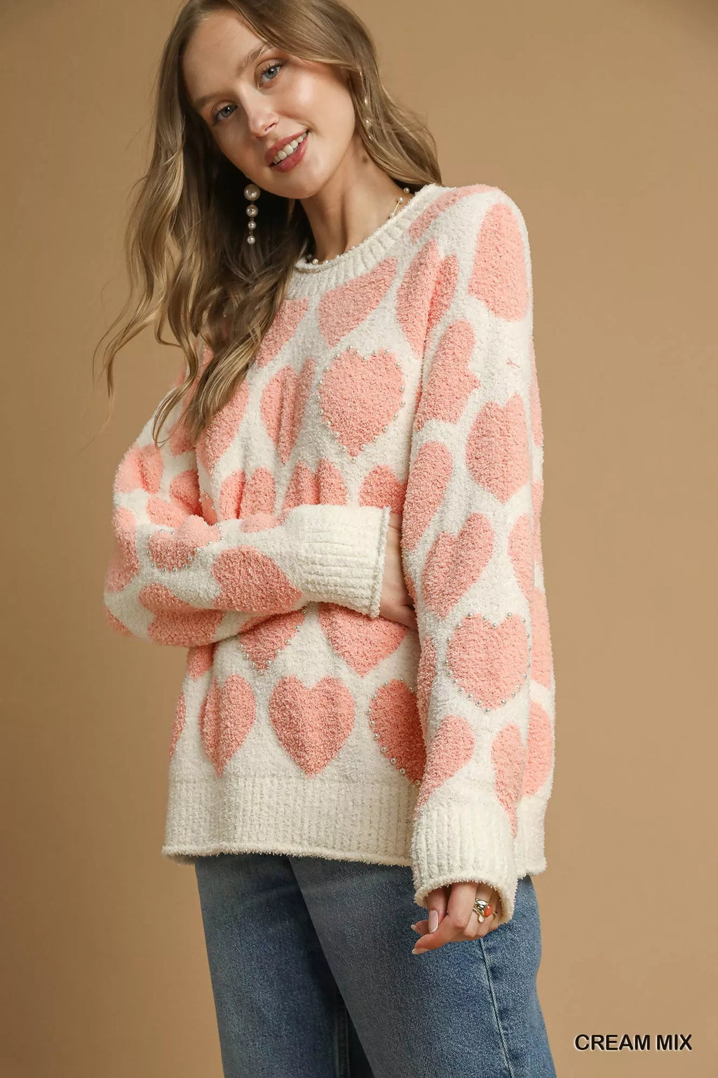 Mix Heart Pattern Pearl Accent Sweater
