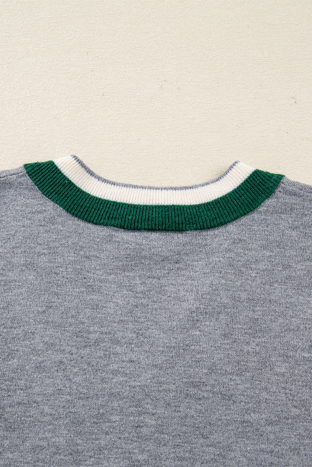 Gray Contrast Striped Trim V Neck Varsity Sweater