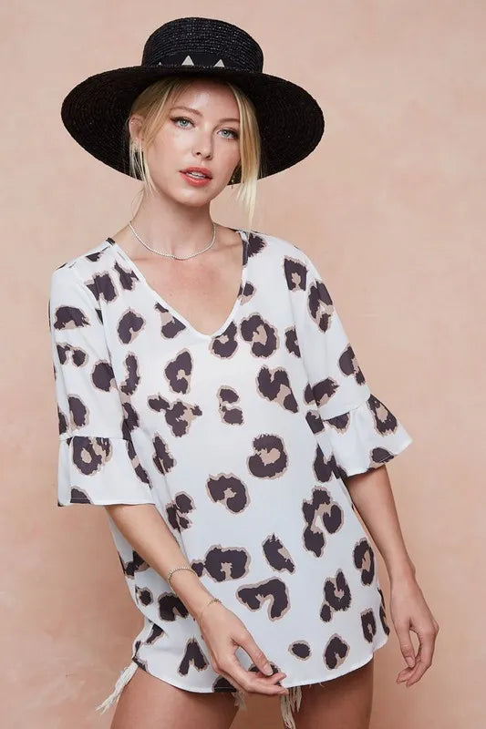 Leopard Printed V Neck Woven Top with Ruffled