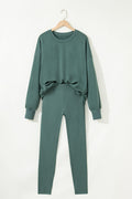 Green Bay Solid Color Oversize Slit Sweatshirt Ribbed Leggings 2pcs Set