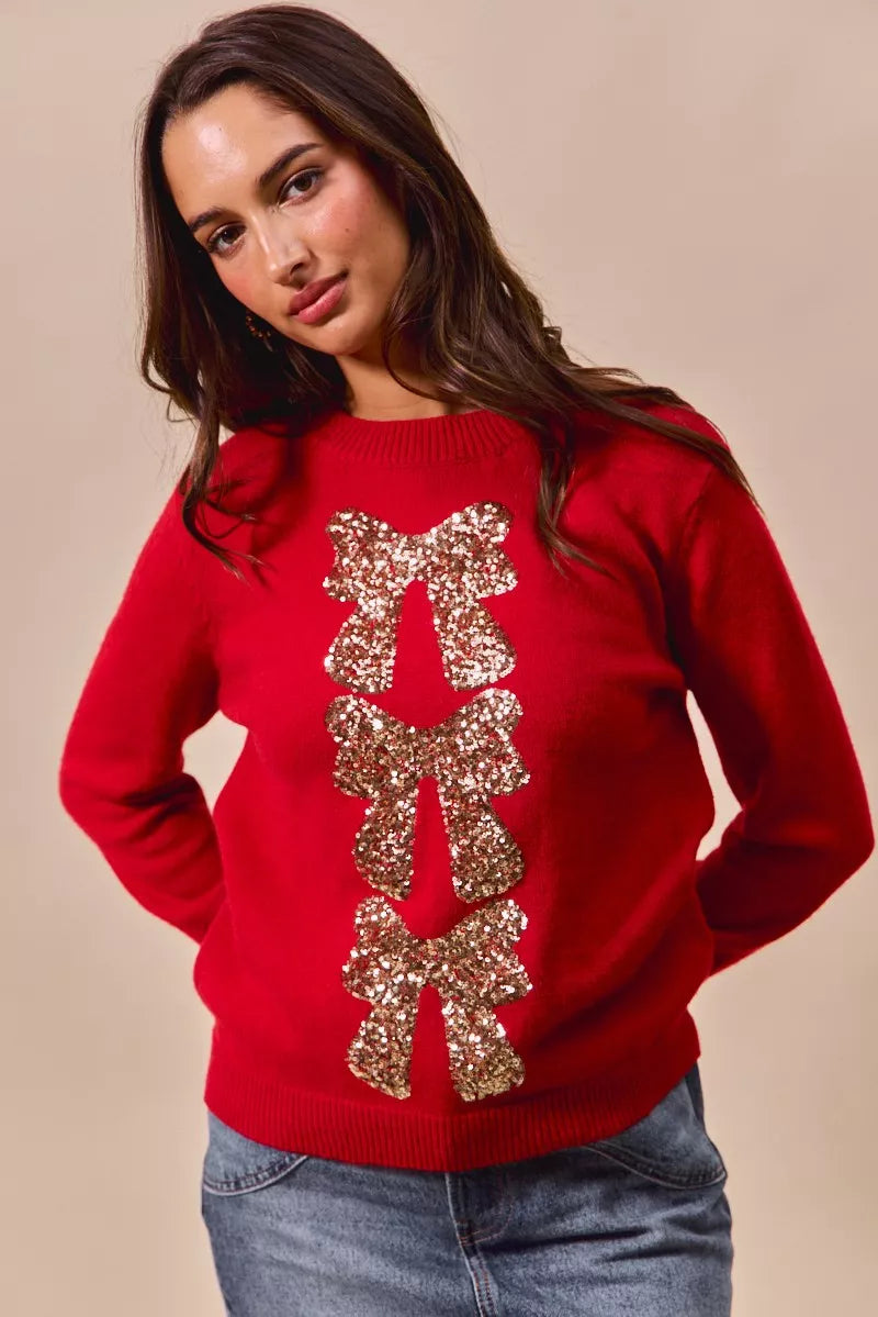 Sequins Bow Ribbon Embellished Christmas Sweater