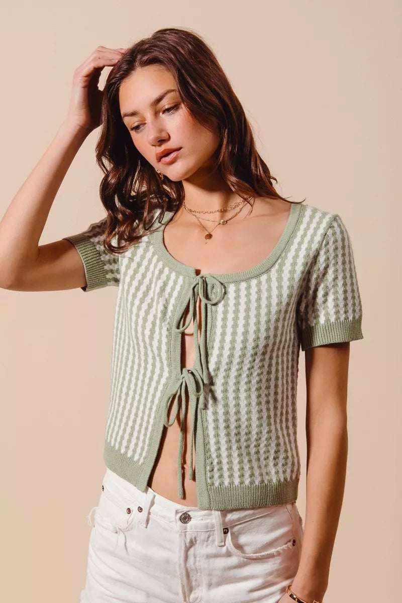 Tie Front Textured Vertical Stripe Knit Cardigan