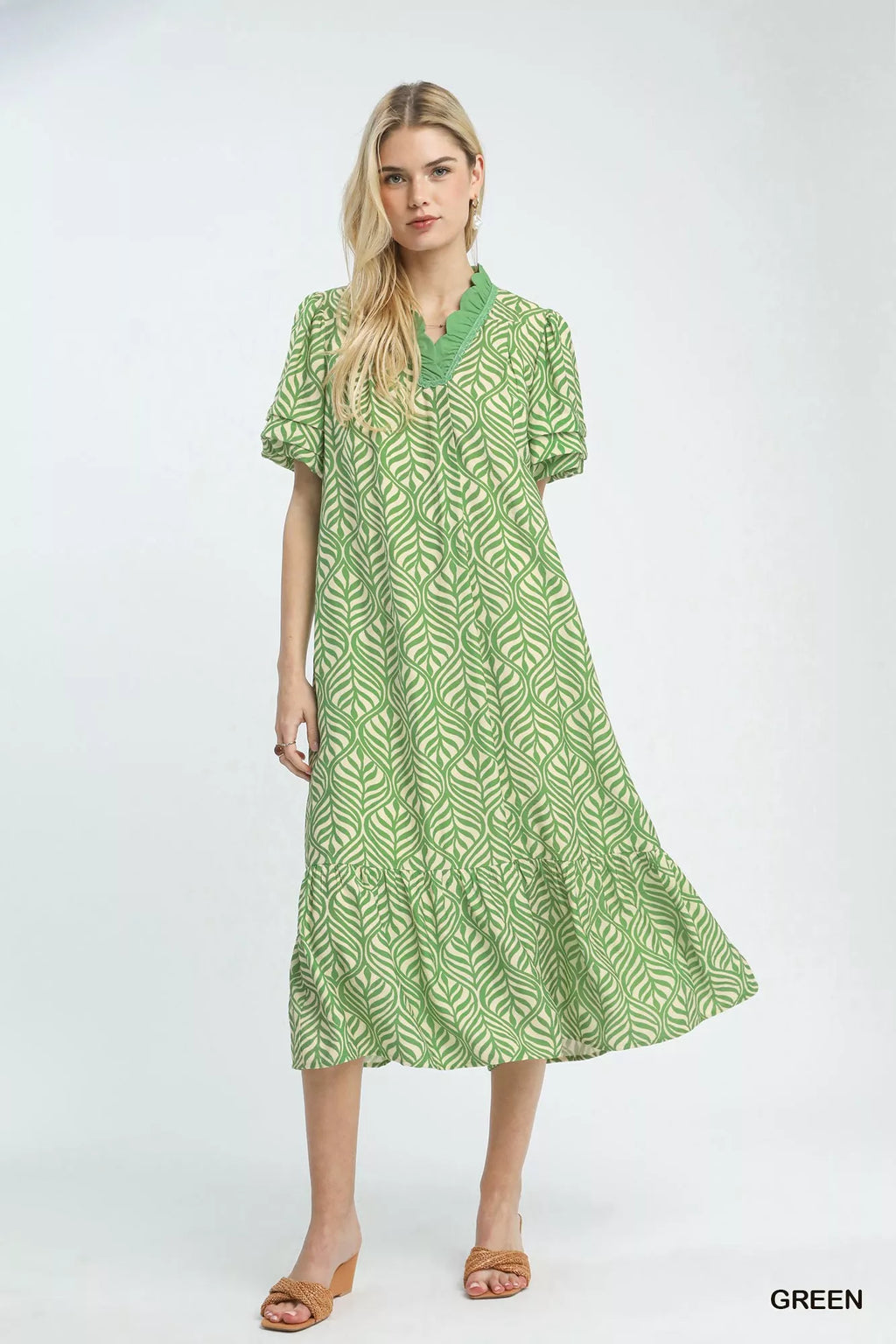 Leaf Print Ruffle Neck Midi Dress