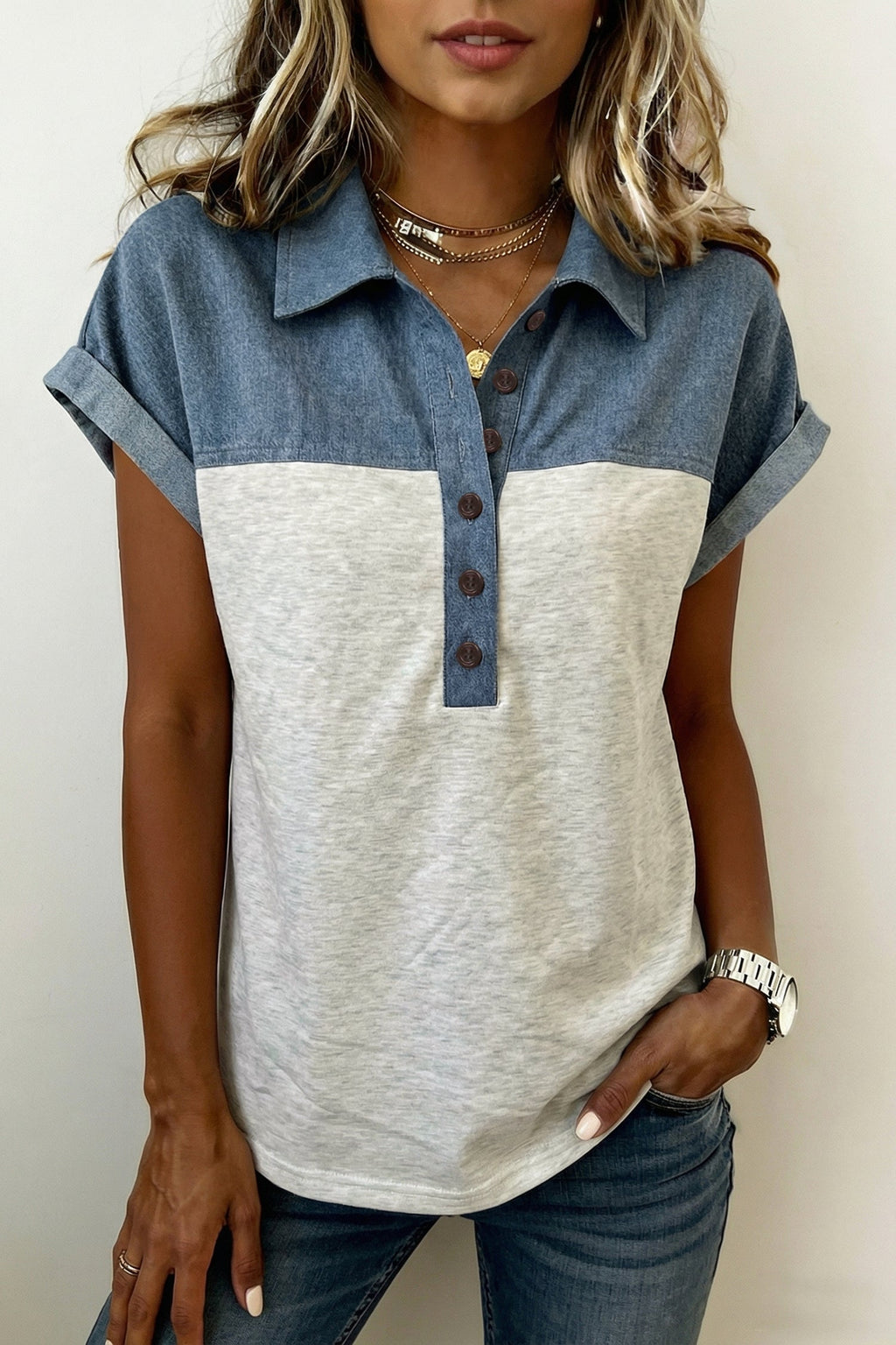 Light Grey Color Block Denim Patchwork Button Polo Collar Short Sleeve Top