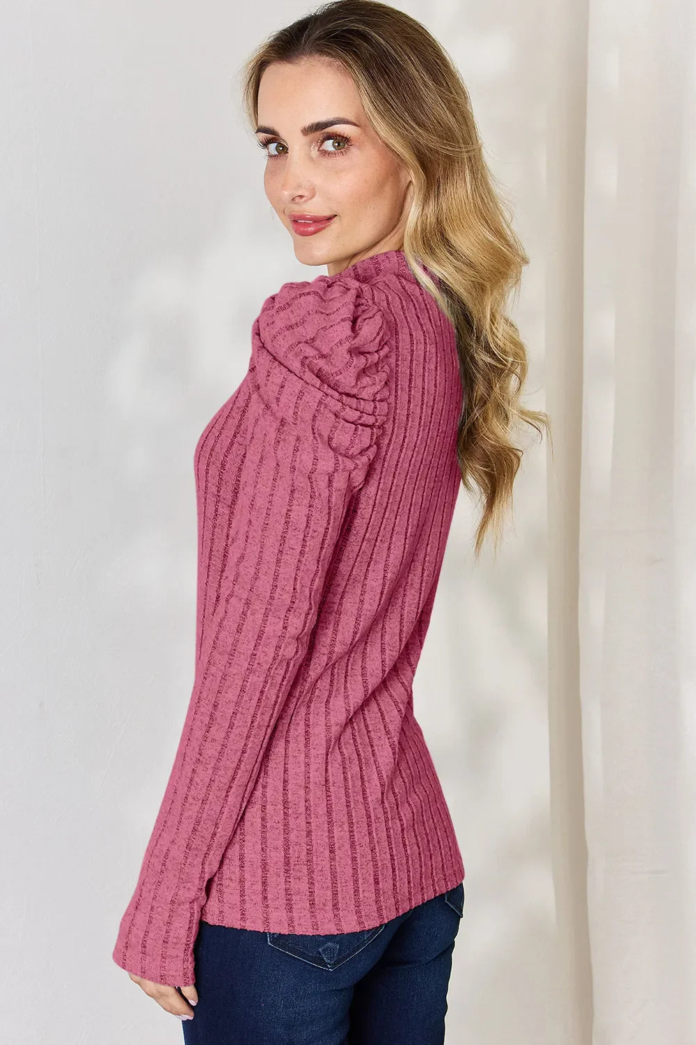 I am a Fashion junky Full Size Ribbed Mock Neck Puff Sleeve T-Shirt