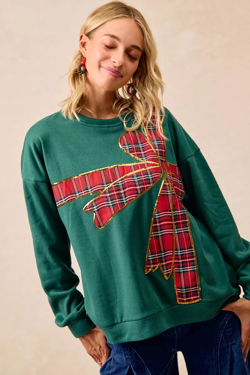 Plaid Ribbon Bow Detail Christmas Fleece Pullover