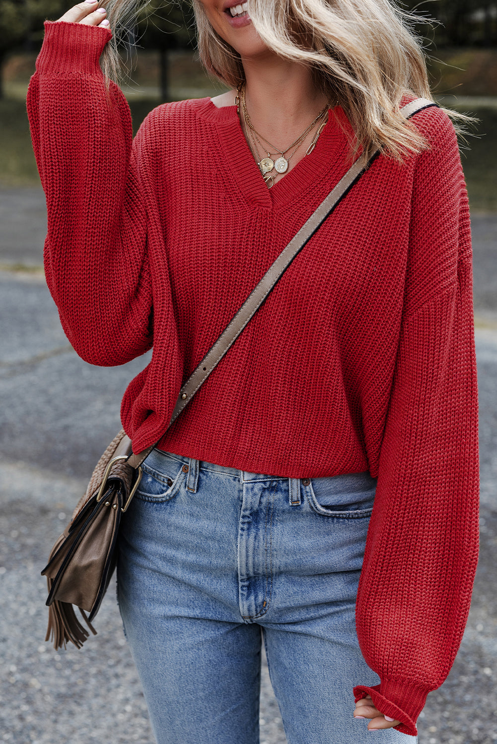 Racing Red Solid Textured Knit V Neck Drop Shoulder Sweater