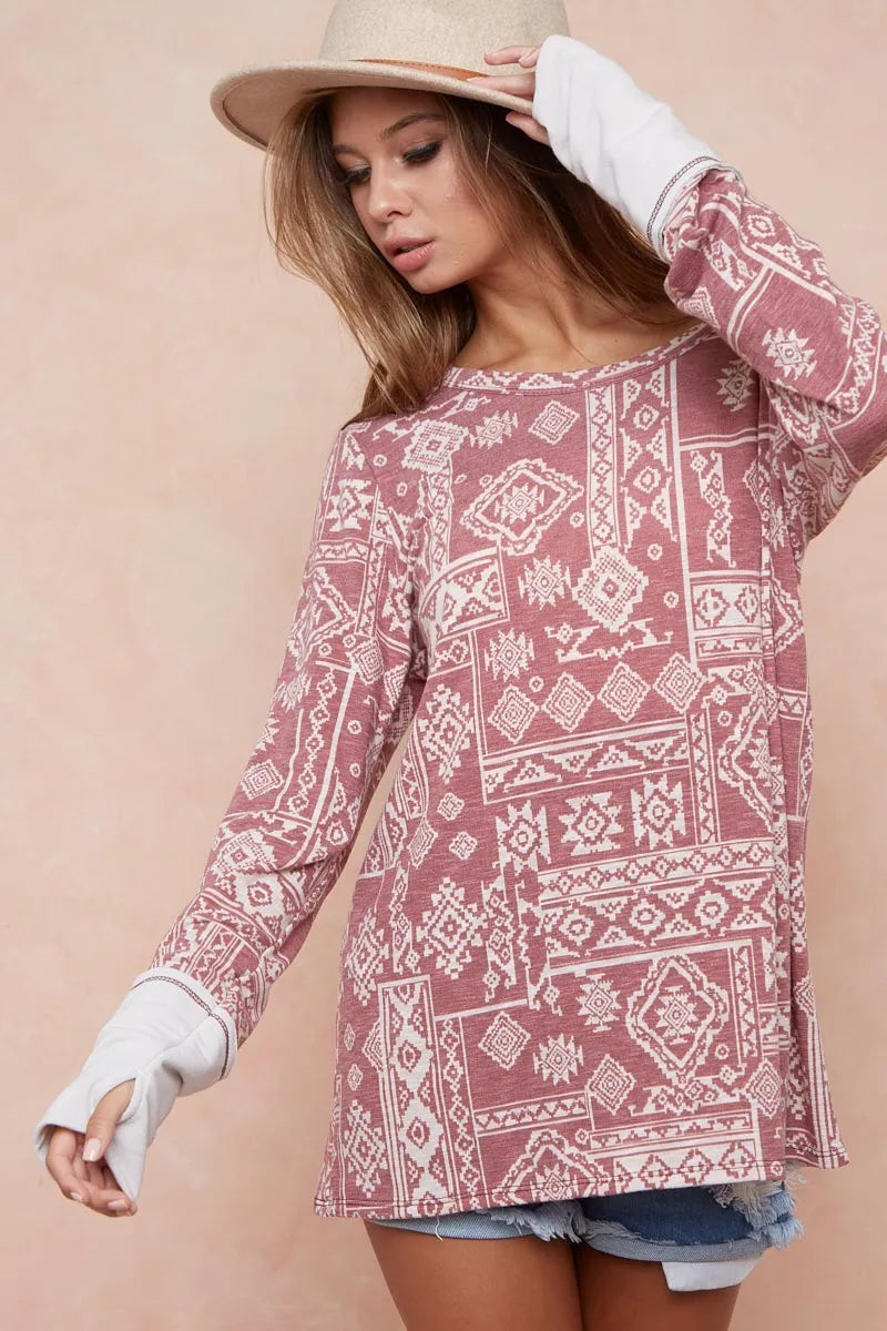 Aztec Print French Terry Top with Thumb Opening