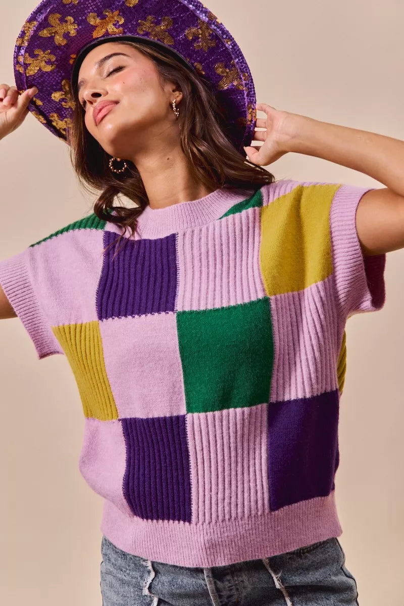 Mardi Gras Check Plaid Casual Sweater Top