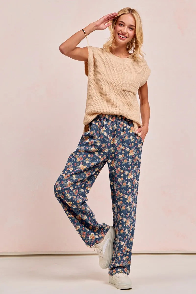 Washed Floral Print Wide Leg Jeans