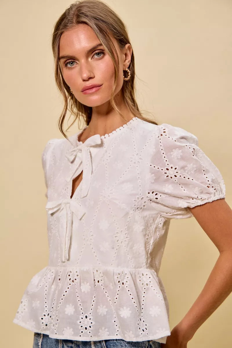 Cotton Eyelet Front Tie Short Sleeves Blouse