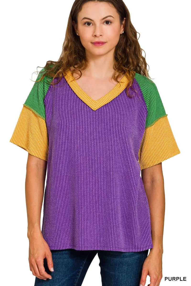 Mardi Gras Raised Rib Color Block Top