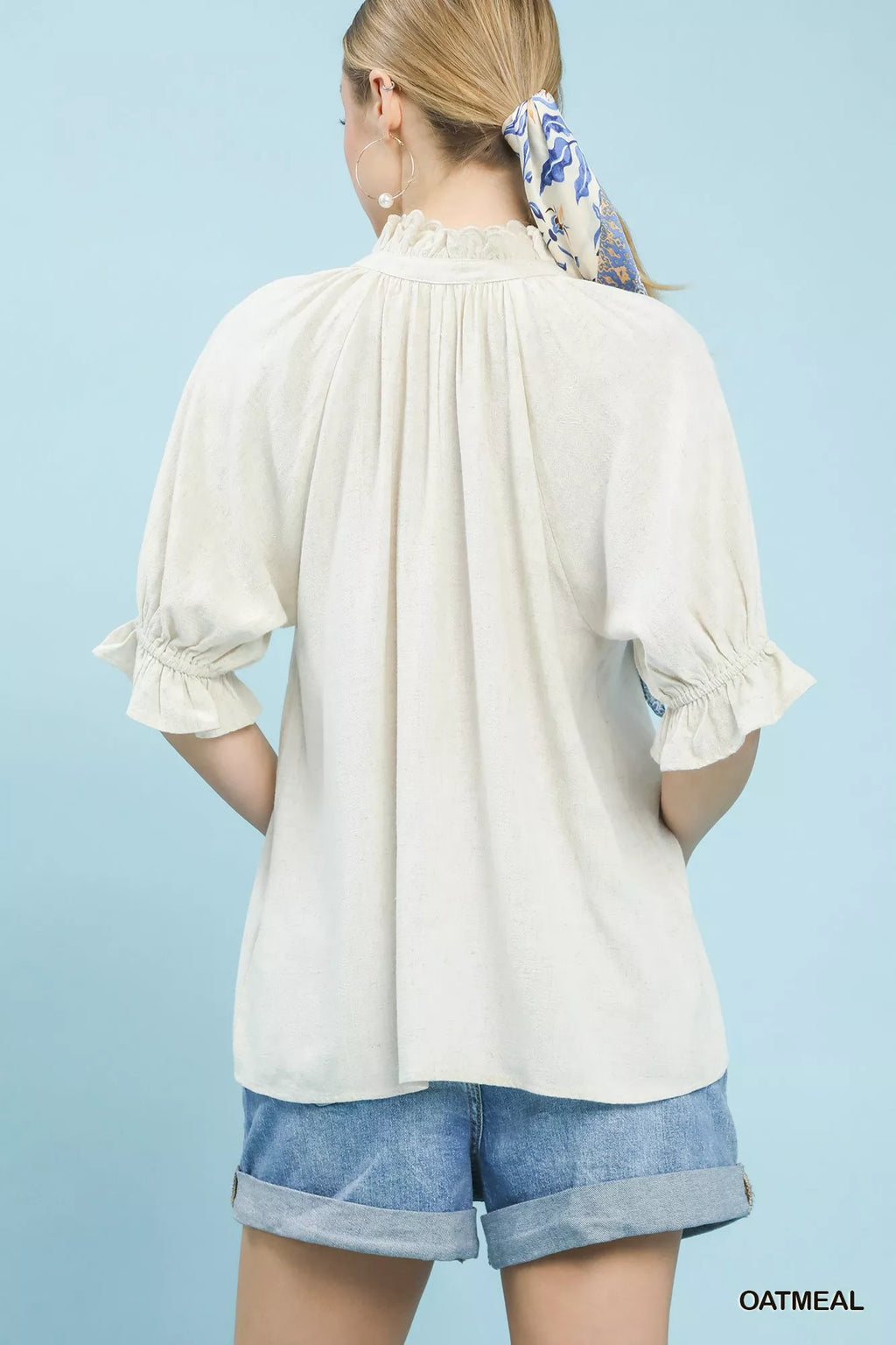 Linen Scalloped Ruffle Neck Blouse