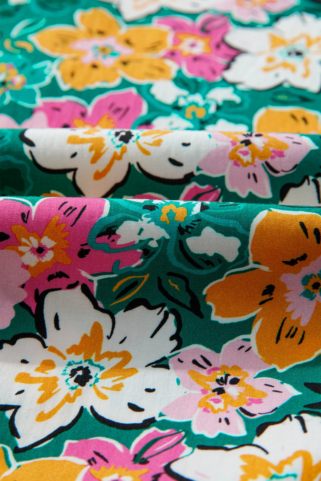 Green Floral Print Contrast Trim Frilled V Neck 3/4 Sleeve Blouse