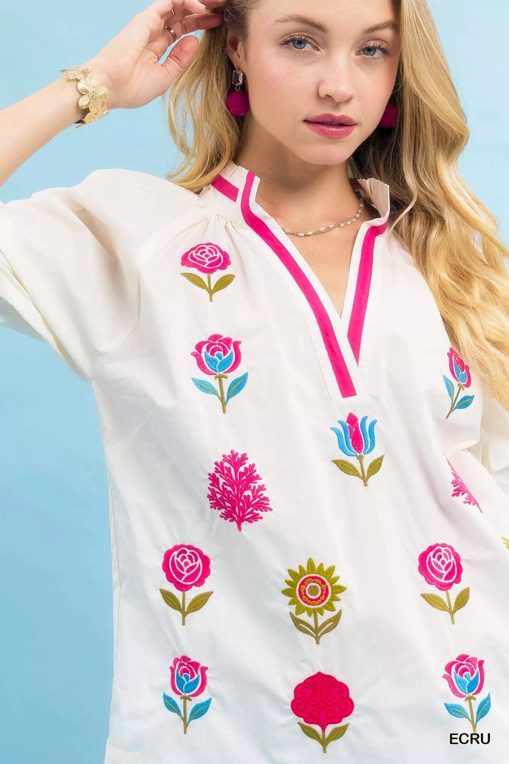 Embroidered Floral Top with Contrast Trim
