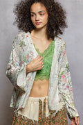 Open Front Floral Cardigan with Center Open Fringe