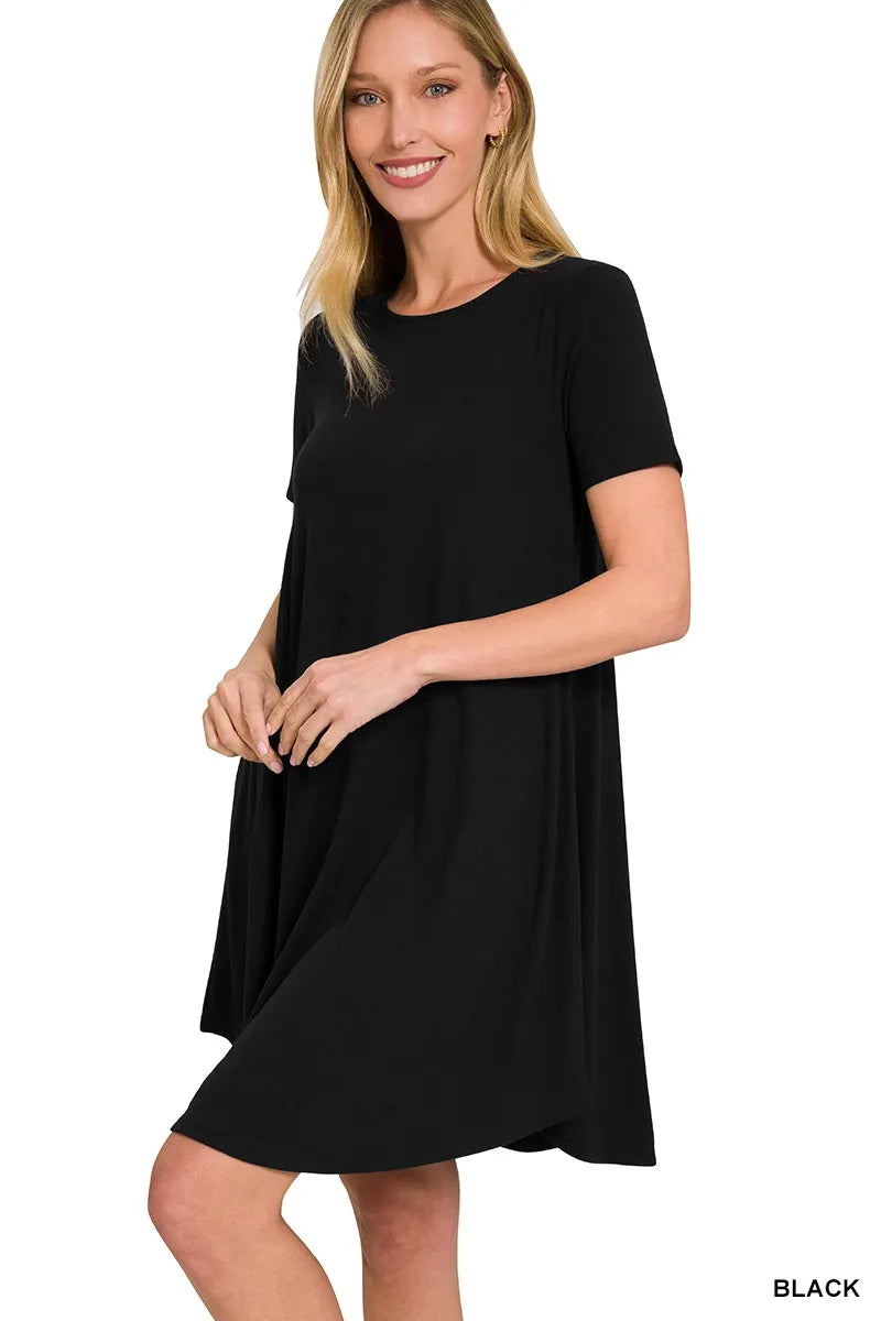 Short Sleeve Round Hem A-line Dress with Side Pockets