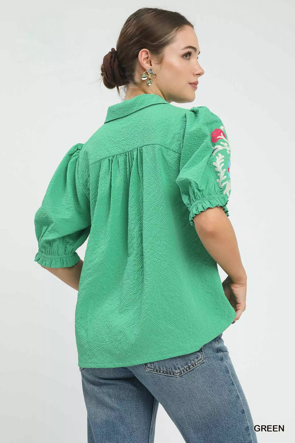 Seersucker Embroidered Sleeve Blouse