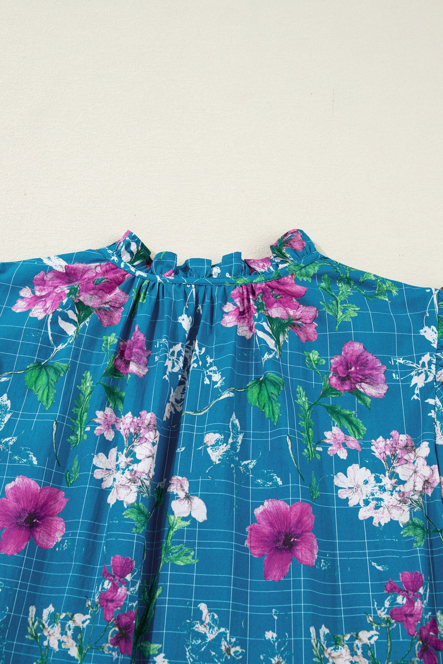 Blue Floral Flutter Sleeve Button Tie Split Neck Belted Long Dress
