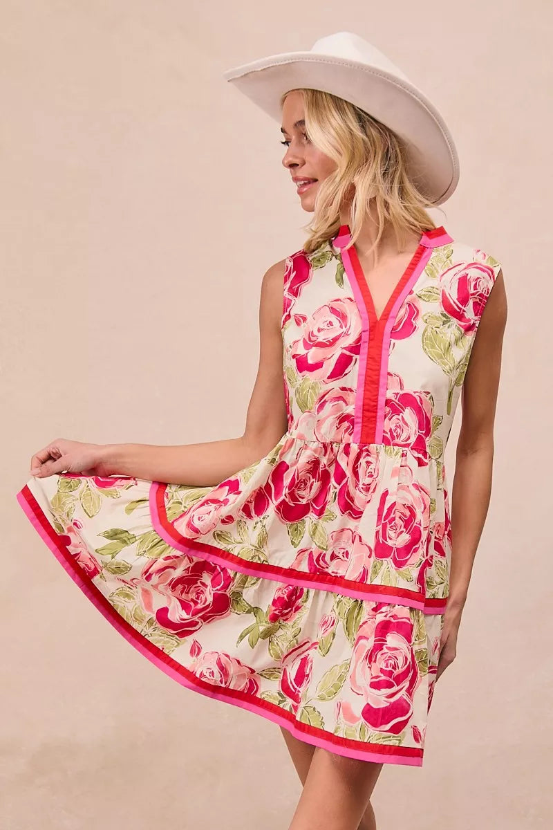 Floral Woven Contrast Edge Tiered Ruffle Mini Dress
