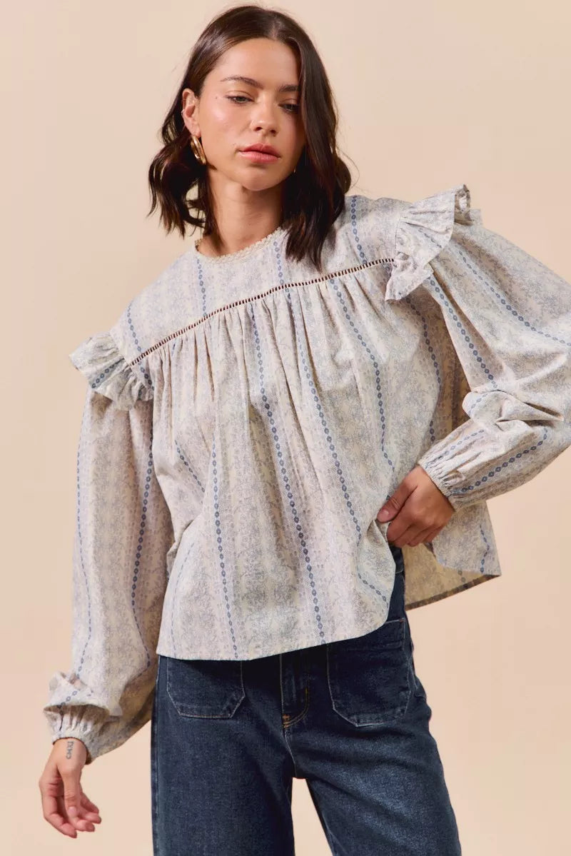 Floral Cotton Print Ruffled Long Sleeve Blouse