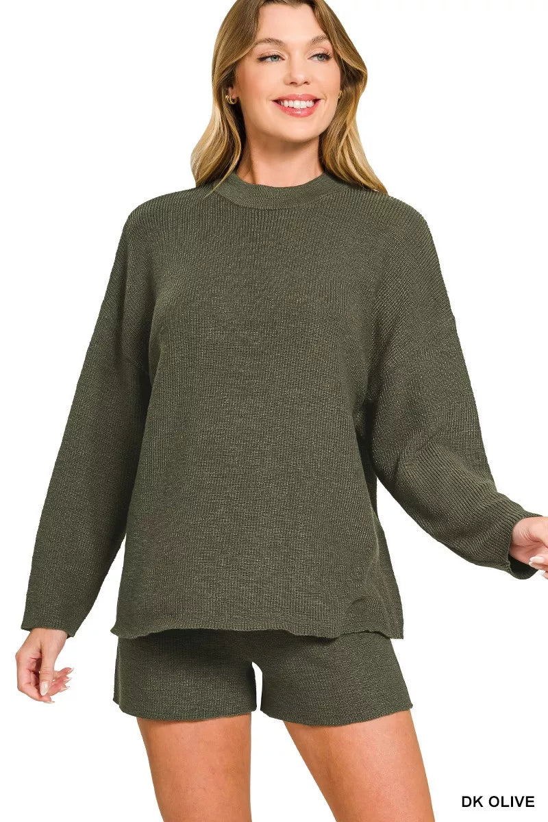 Round Neck Knit Top and Shorts Sweater Set
